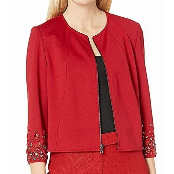Anne Klein NWT Lipstick Red Zipper Collarless Jacket with Jeweled Sleeves Size M - Picture 1 of 15